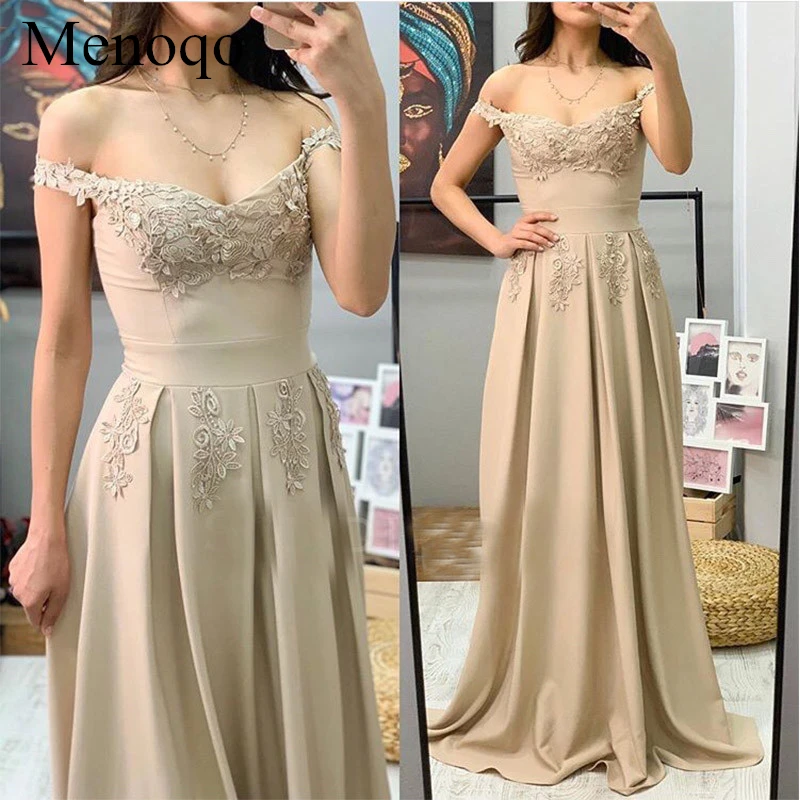 

Modest Off The Shoulder Evening Dresses Appliques Satin A-Line Arabic Dinner Party Gowns Floor Length abiti cerimonia 2019