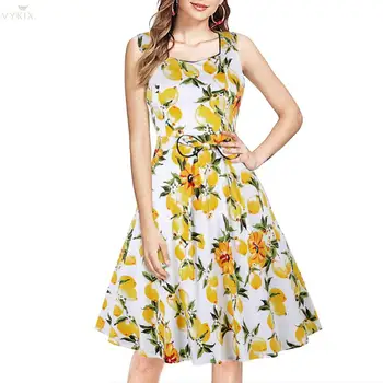 

Vintage Dress Printed Lemon Sweet Womens Dresses Swing Hepburn Party Dress Elegant A-line Sleeveless Square Collar Summer Dress