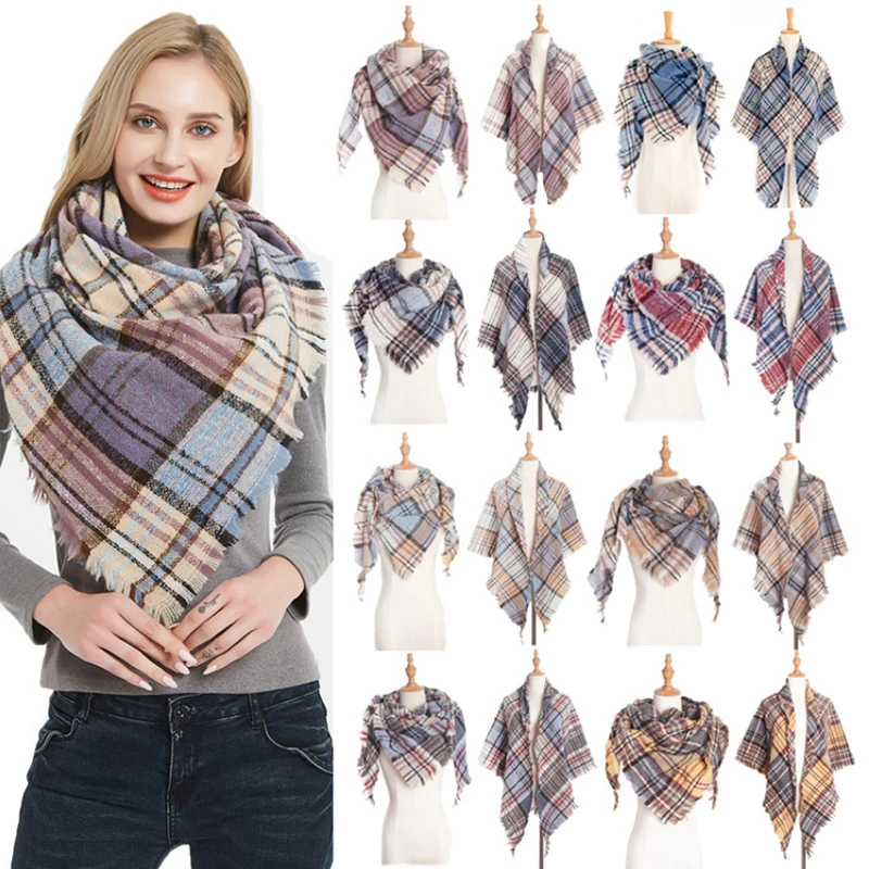 

Women Scarf Plaid Winter Warm Cashmere Scarves Triangle Knitted Neck Shawls and Wraps Female Blanket Bandana Echarpe