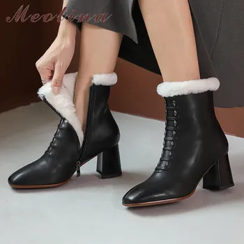 

Meotina Real Wool Fur Genuine Leather High Heel Ankle Boots Women Square Toe Block Heels Short Boots Zipper Ladies Shoes Black