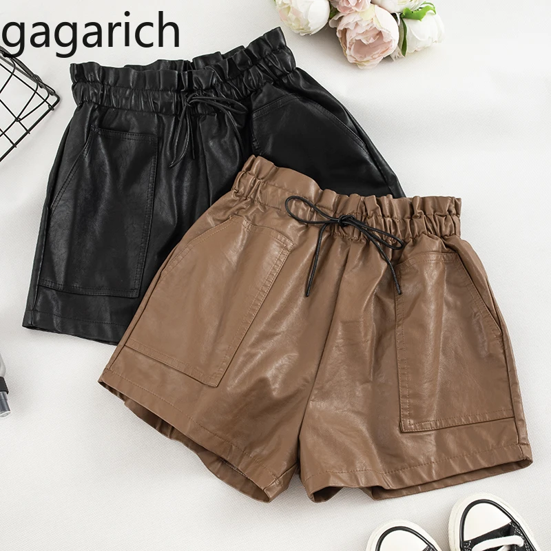 

Gagarich Women Shorts 2019 New Retro Students Solid Sexy Joker Lace-up High Waist Pu Leather Ladies Slim Wide Leg Shorts