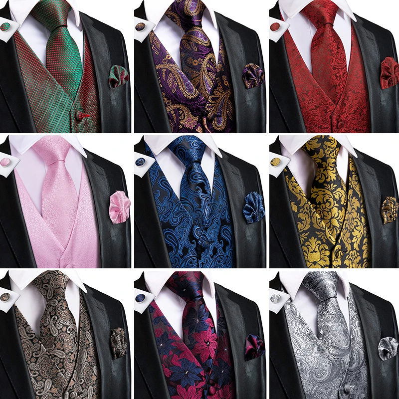 Chaleco Hi-Tie de seda para hombres adultos para traje de lujo Paisley Floral Plaid Suit chaleco y corbata Set azul oro rojo plata Chaleco de boda hombres