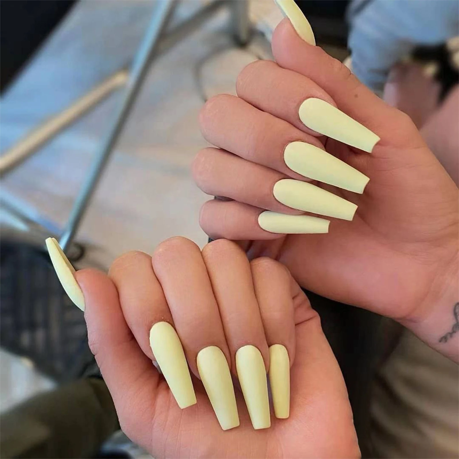 Amazon.com: White French Tip Press on Nails Long Coffin Fake Nails with  Small Flower Design Yellow Glitter Acrylic False Nails Glue on Nails for  Women 24Pcs : Beauty & Personal Care