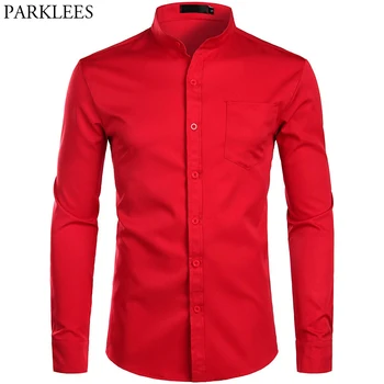 

Red Banded Grandad Collar Dress Shirts Men 2019 Brand New Mens Slim Fit Long Sleeve Button Down Shirt with Pocket Chemise Homme