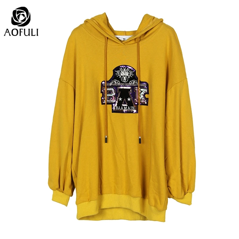 AOFULI L~ 5XL кофта с капюшоном с пайетками Женская толстовка; осень зима уличная одежда большого размера летучая мышь длинный рукав желтый пуловер Топы A4069