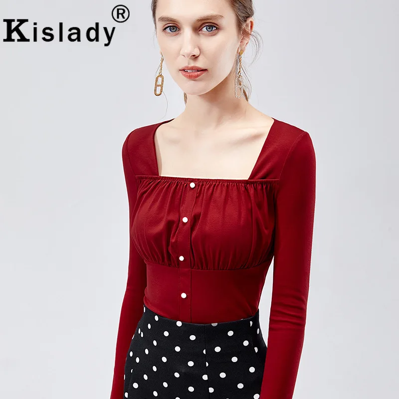 Kislady женские облегающие топы с квадратным воротником и рюшами для весны и осени, элегантные темпераментные женские рубашки, официальная Корейская одежда