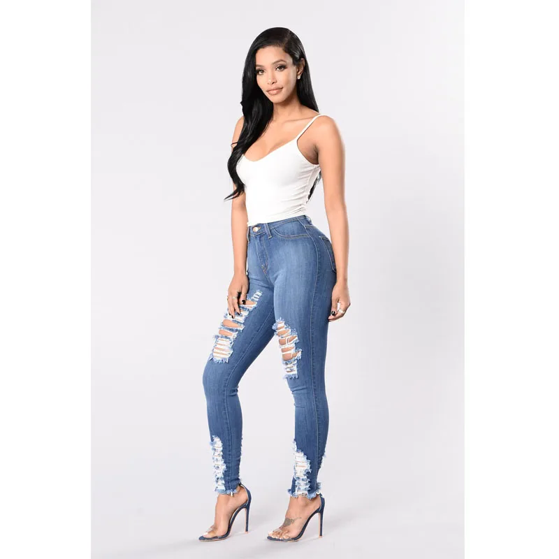Light blue Новинка, джинсы для весны и осени, для девушек, с дырками, тонкие, для самостоятельного развития, большие размеры, джинсы для женщин, брюки, рвущиеся ноги - Цвет: Light blue
