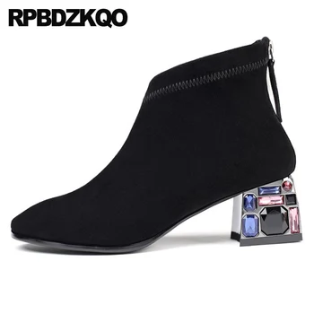 

chunky booties fall plus size real leather high heel 10 big luxury sheepskin suede black women ankle boots 2019 round toe shoes