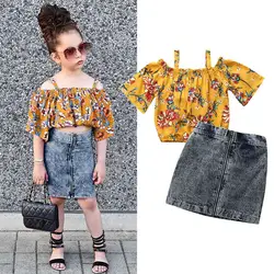 Летняя детская одежда из 2 предметов для маленьких девочек блузка с цветочным принтом на бретельках джинсовая юбка-карандаш комплект