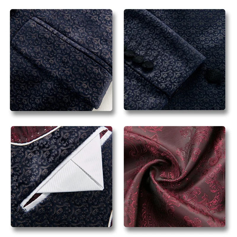 YUNCLOS Navy Pattern Printing Men Suits Double-breasted Business Casual Suits Men Closure Collar Wedding Jacket+Vest+Pant
