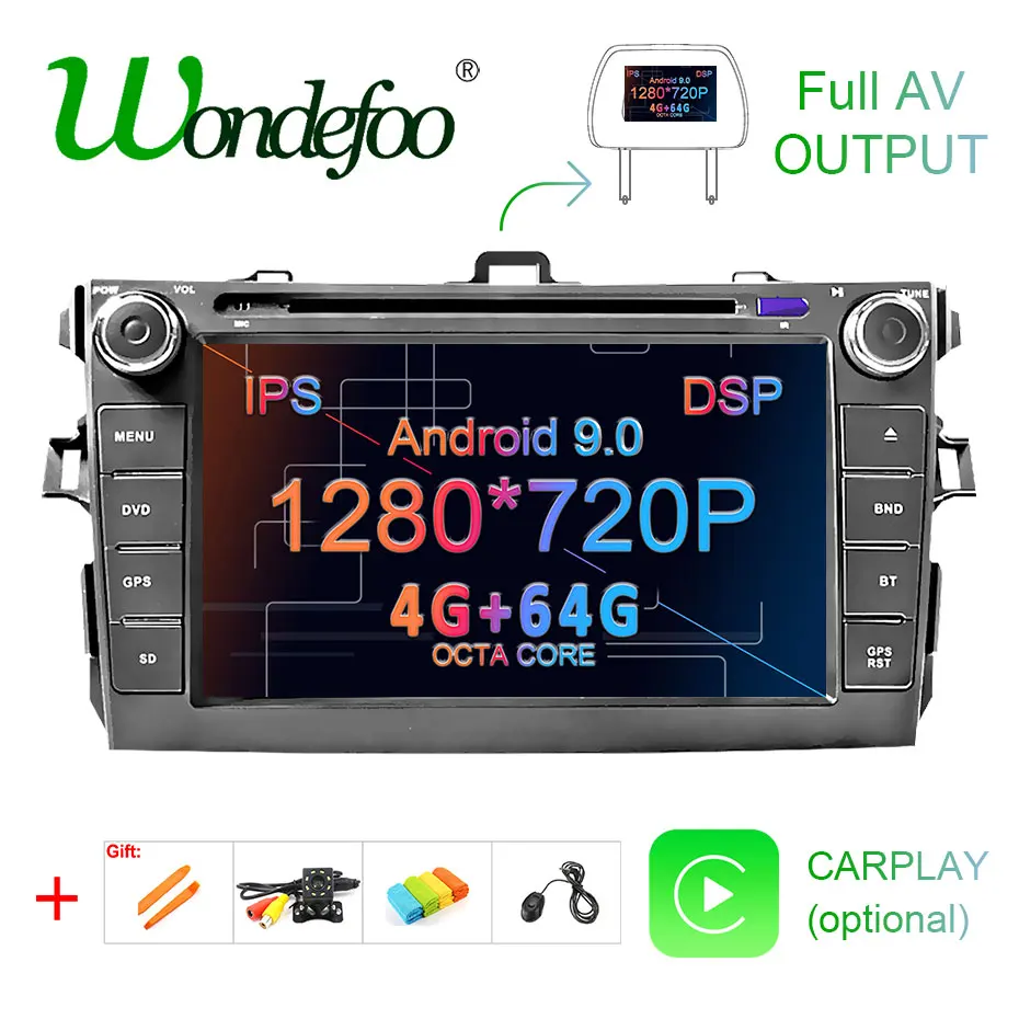 Top DSP IPS 4G 64G Android 9.0 AV Output 2 DIN DVD PLAYER For Toyota Corolla 2007 2008 2009 2010 2011 GPS Navigation Stereo Radio 0