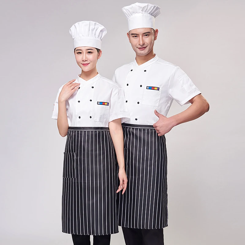 Chef Uniform Unisex Restaurant Kitchen Breathable Double Breasted Shirt Chef Jacket+cap+apron work short sleeves clothes for men