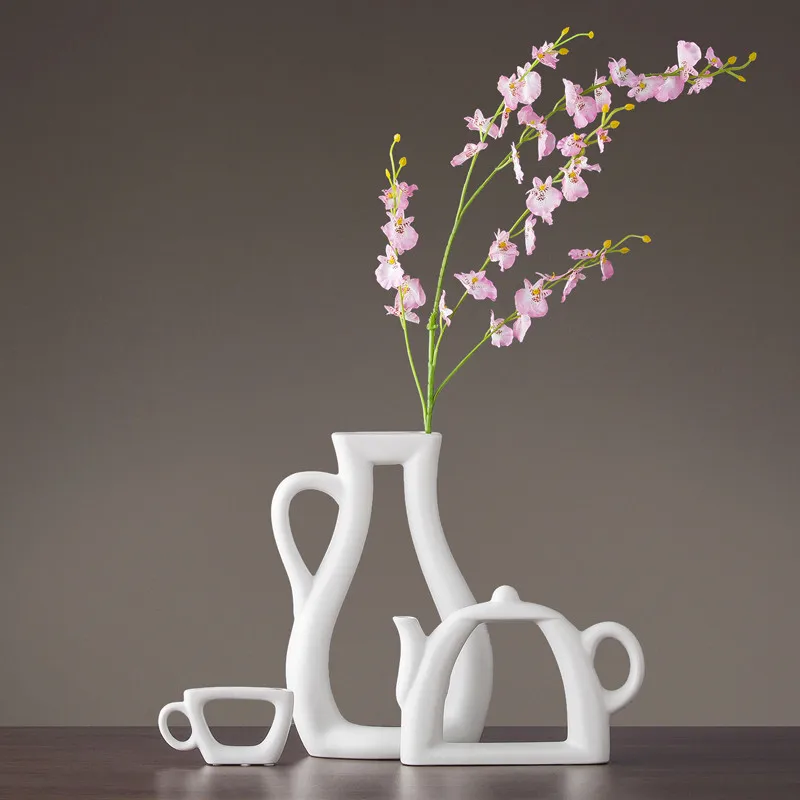 3pcs with flowers-C 3 шт./компл. Nordic простой современный ваза для цветов Творческий Гостиная украшения дома Керамика сушенный цветочный контейнер чайник Форма ваза - Цвет: 3pcs with flowers-C