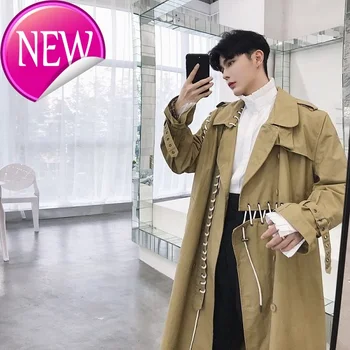 

Fashion Trench Luxury Coat Mens Patchwork unique Drawstring Long Windbreaker Male Stitching Casual Loose Outwear Clothes