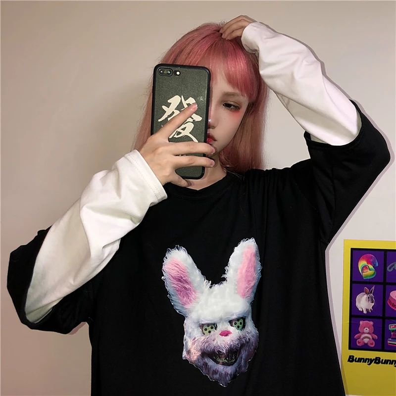 

Harajuku Streetwear T Shirt Womens Tops 2019 Autumn Korean style Ulzzang Fake Two Rabbit Print Long Sleeve T-shirt Female Tops