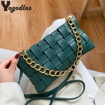 

Fashion Chain Shoulder Bag For Women PU Leather Crossbody Bag Solid Color Woven Bag All-match Popular Designer Baguette Bag