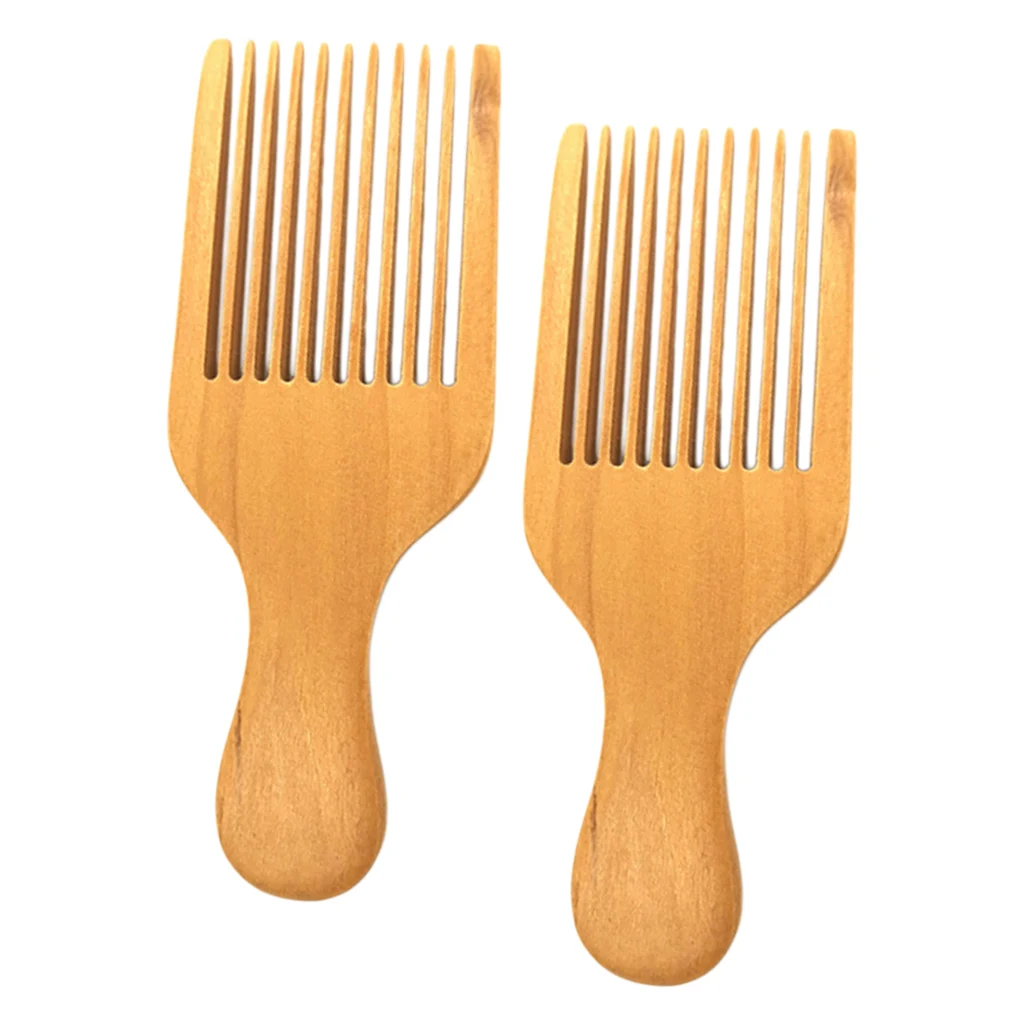 2 Pack of Hair/Beard Pick Comb – Natural Brown Color Wood Scalp Massage Comb With Portable Handle (Wide Tooth)