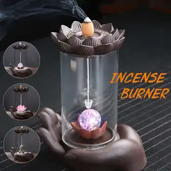

LED Ceramic Backflow Incense Burner Lotus Bergamot Little Monk Incense Holder Censer Aromatherapy Furnace Home Office