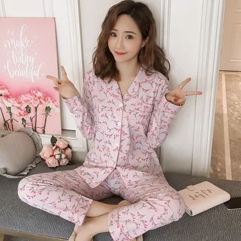 

2020 Autumn Cotton Print Pajamas Sets for Women Long Sleeve Sleepwear Pyjama Femme Homewear Pijama Mujer Loungewear Home Clothes