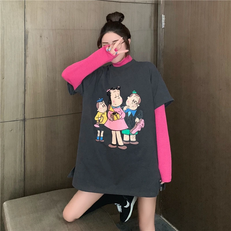 Moda feminina, весна-осень, новые Мультяшные лоскутные Футболки с длинным рукавом, женская одежда, vetement femme, женские топы, повседневный стиль