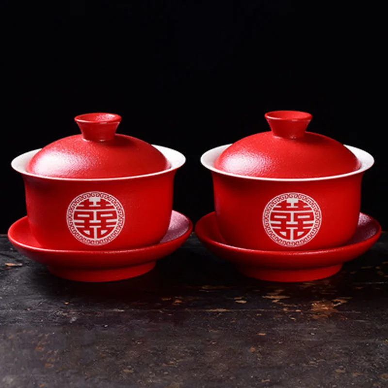 Chinese Traditional Wedding Ceramic Tea Pot Set, Cup Tray Set, Red Double Happiness Porcelain Tea Infuser, Gift Supply