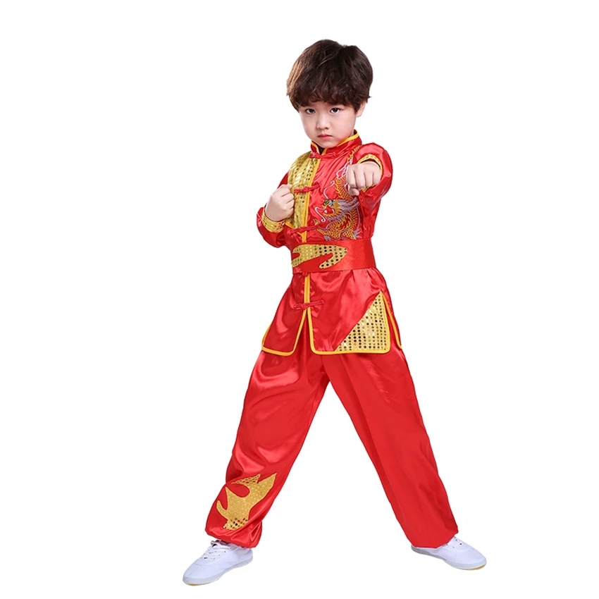 Gyerekek chinesa Hagyományos stílusú Öltözés állítsa Flitter Sárkány Hímzés long&short Előadás tai Khi kung fu uniforms