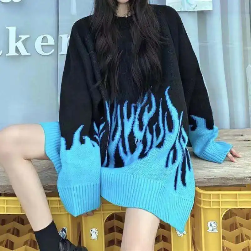 

Winter Autumn New Loose Long Flame Sweater Women O-Neck Blue Female Plus Size Pullover Fashion Women's Sweater Couple Streetwear