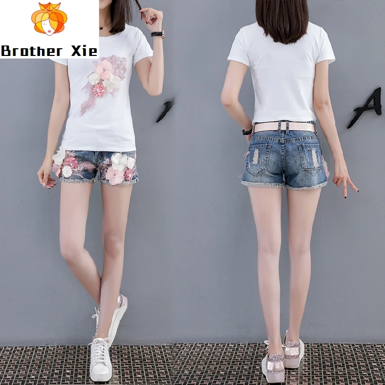

Summer Womens New Embroidery Lace Flower Short Sleeve T Shirts + Slim Jeans Shorts Two Pieces Girl Lady Hot Pants Sets