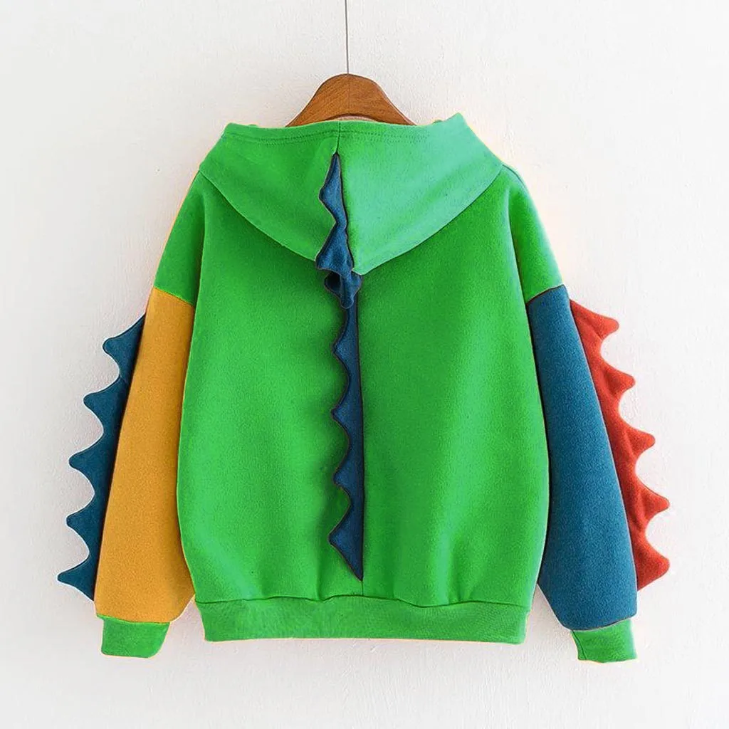  Women Hoodies Fashion Casual Loose Long Sleeve Splice Hoodies Female Dinosaur Sweatshirt Fuuny Tops