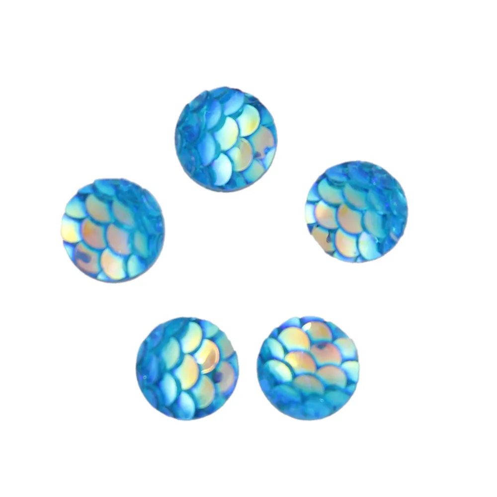 50PCs 8mm/12mm Resin Round Mermaid Fish Dragon Scale Dome Seals Cabochon Royal Blue AB Color For DIY Earring Jewelry Making