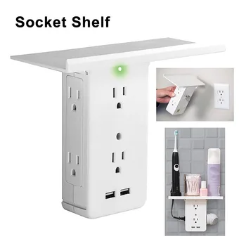 

US Plug Switch Socket Rack Socket Shelf Six Electrical Outlet Extenders Double USB Charging Ports Removable Built-In Shelf