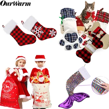 

OurWarm Large Christmas Stocking Santa Claus Sock Plaid Burlap Christmas Decor New Year Candy Bag Gifts Socks Stocking Ornament