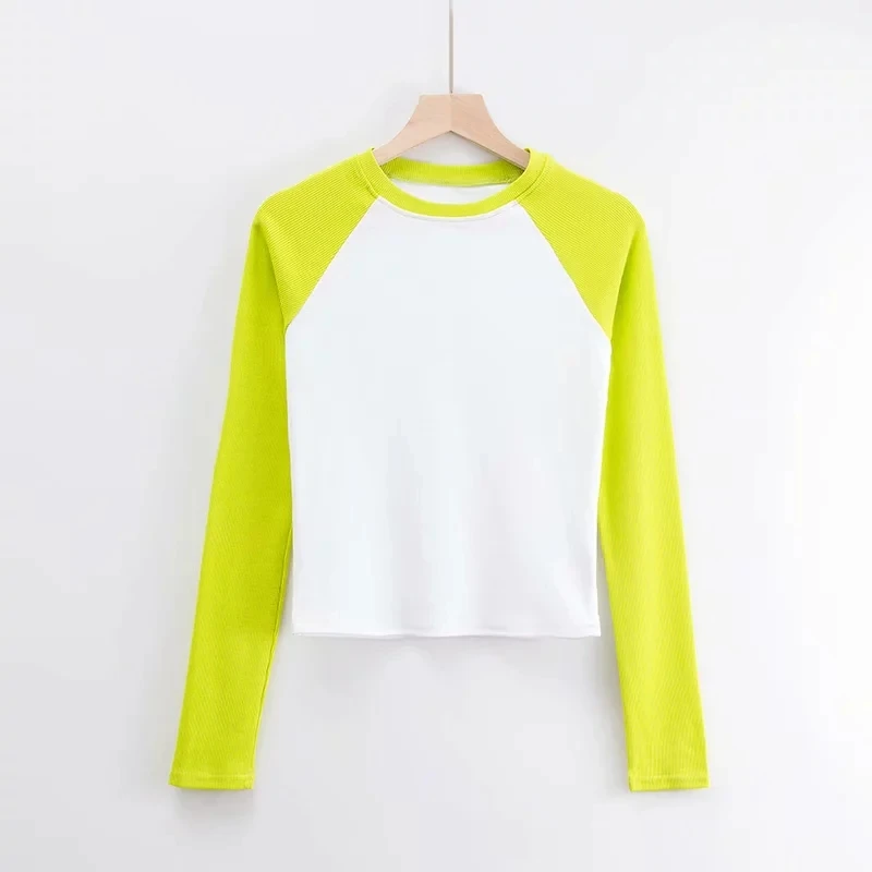 Yellow and White Винтаж Kawaii Сращивание Повседневная рубашка с длинными рукавами женские футболки женские летние топы корейская одежда футболка с круглым вырезом уличная - Цвет: Yellow and White