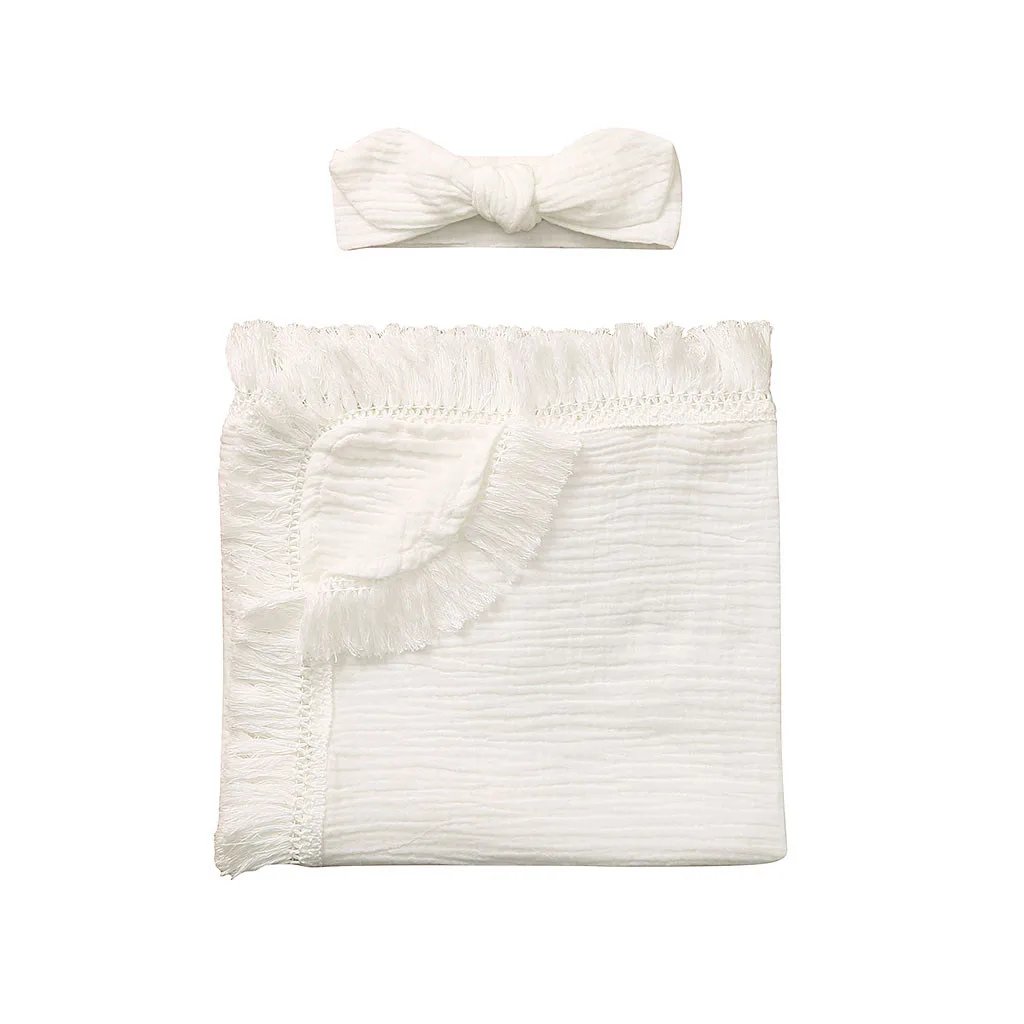 Новое Брендовое одеяло из муслина для новорожденных, однотонное детское Пеленальное Одеяло с кисточками, одеяло для новорожденных, Пеленальное Одеяло для фото - Цвет: White