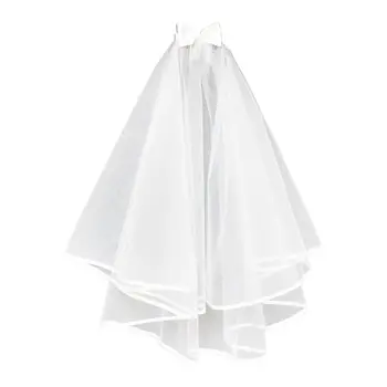 

Women 2 Tier Short Bridal Veil Sweet Bowknot Satin Ribbon Trim Wedding Headdress