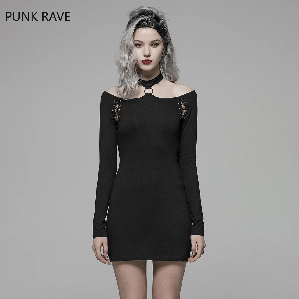 

PUNK RAVE Women Punk Dresses Elasticity Knit Fabric Off-the-shoulder Slim Fit Evening Party Club Personality Women Short Dress