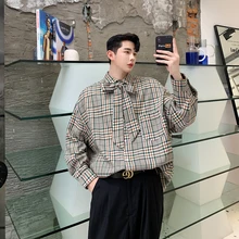 Уличная одежда в стиле «хип-хоп», вечерние платья-рубашки на осень проверить клетчатое Для мужчин большого размера, с длинным рукавом галстук-бабочка свободная Повседневное мужская клетчатая рубашка