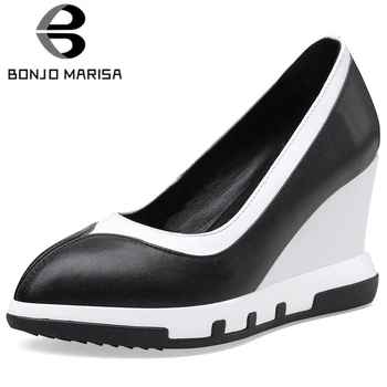 

BONJOMARISA New Ladies Office Concise mixed-color Pumps Elegant High Wedges Pumps Women Genuine Leather Platform Shoes Woman