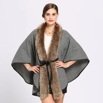 

SWONCO Ponchos And Capes Women Winter Cloak Faux Fox Fur Coat For Women 2019 New Veste Cape Black Crochet Poncho Female Winter