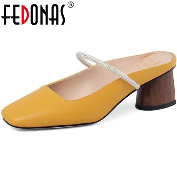

FEDONAS Genuine Leather Sandals Women 2020 Summer Newest Square Toe Thick High Heels Pumps Mules Party Prom Shoes Woman Heels