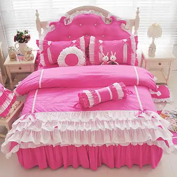 

Rose Red Layers Ruffle Bedding Set Cotton Sweet Princess Duvet Cover Solid Wedding Decorative Bedclothes Bedsheet Cover Set