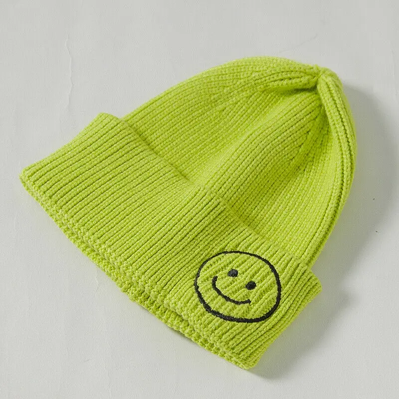 HOT 1Pcs Warm Wool Knit Elasticity Hat Kid Boy Girl Autumn Winter Embroidered Smiley Hat 6M-8T - Цвет: Флуоресцентный зеленый
