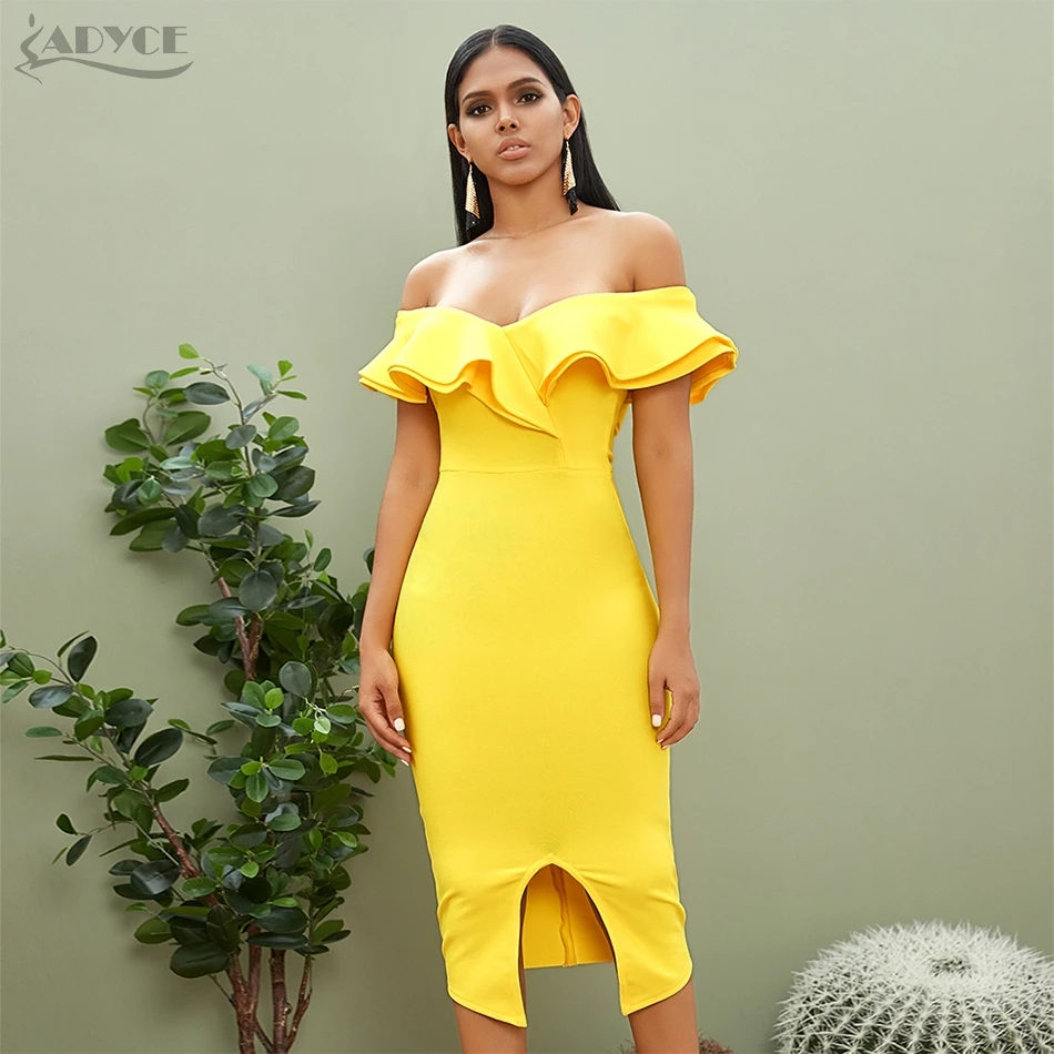 

Adyce 2019 New Summer Sexy Off Shoulder Women Bandage Dress Vestidos Ruffles Slash Neck Club Dress Celebrity Party Runway Dress