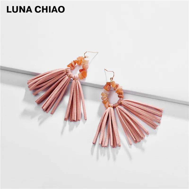 pink LUNA CHIAO осень зима новые ювелирные изделия бохо замша кисточкой Висячие серьги натуральный камень кварц бисерные массивные серьги - Окраска металла: pink