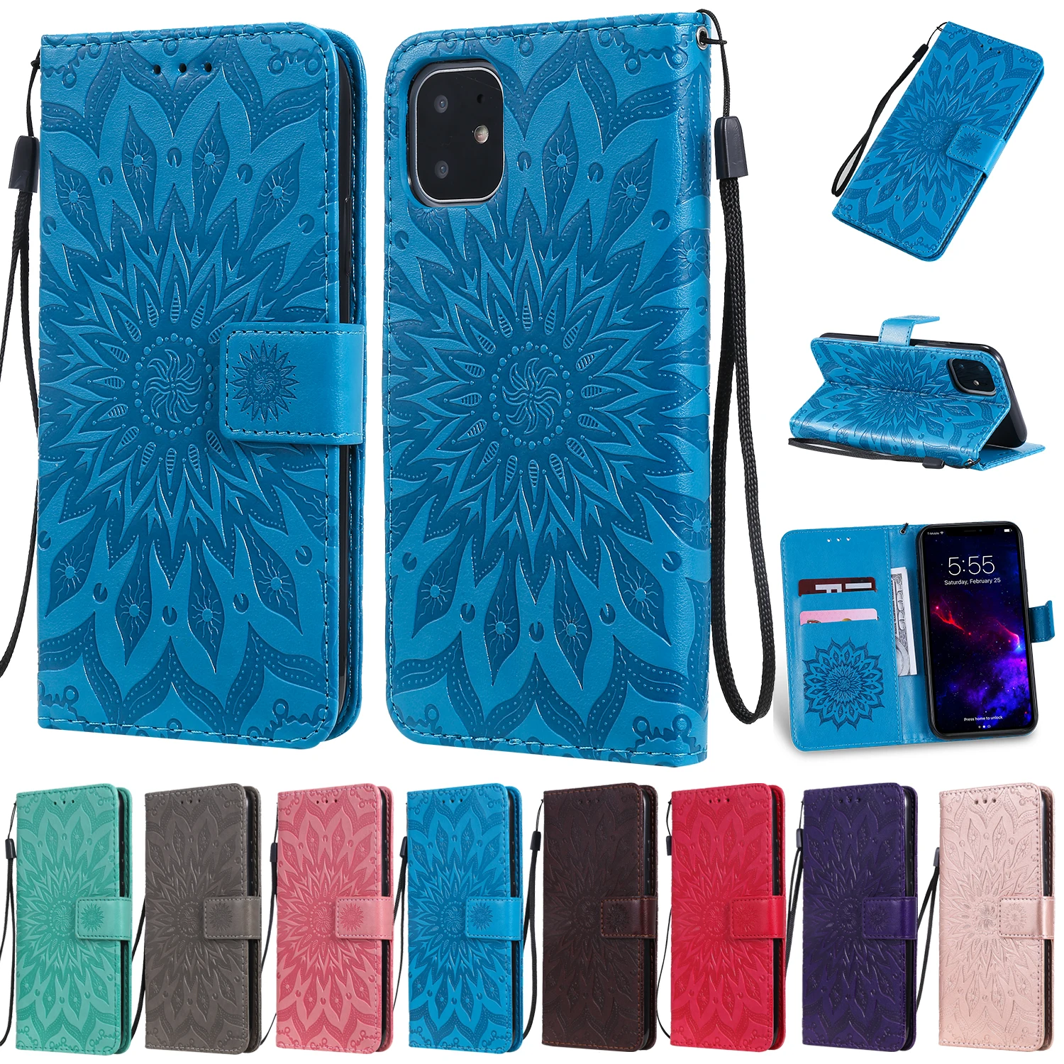 Кожаный чехол книжка Sun Emboss для iphone 11 Pro Max XS XR 6S 6 7 8 Plus|Бамперы| |
