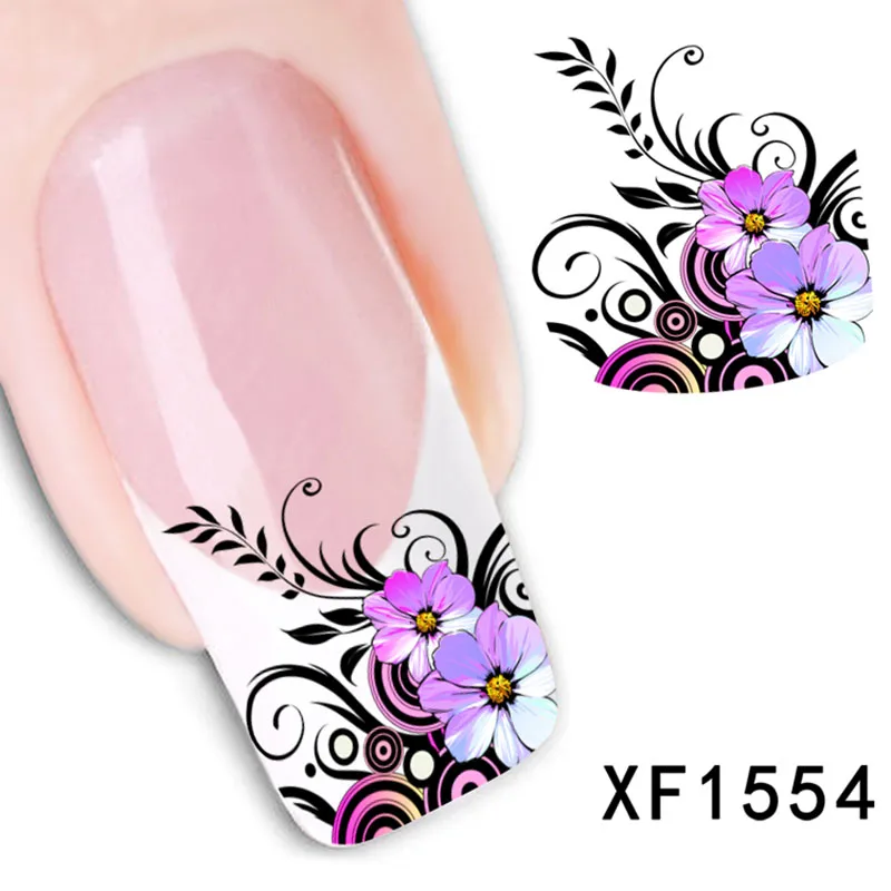 Наклейки для ногтей с водой, длительные 30 дней, 3D Французский маникюр, перо, цветок, дерево, переводные наклейки для ногтей XF002 - Цвет: XF1554
