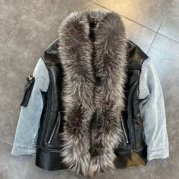 

ZCSMLL 2020 Winter Denim Jacket split joint Fox Placket Decoration Denim Stitching Pu Design Cotton Coat for women tide