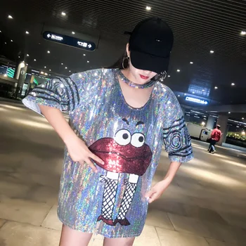

NEW Fashion Women Summer Basic T-Shirt Ladies Short Sleeve Sequins Patchwork Loose Tops Casual Women Clothes