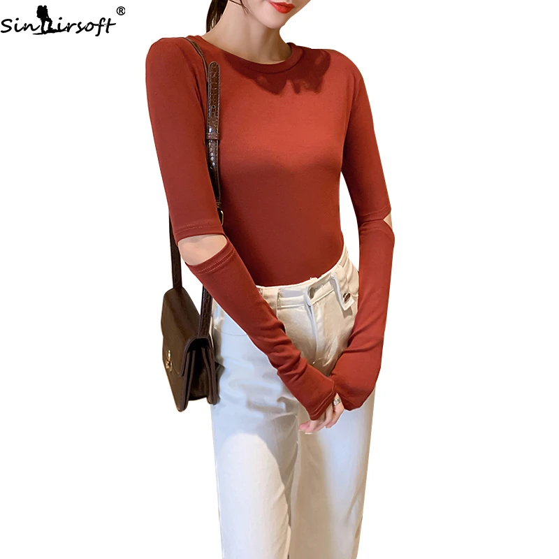 

Autumn New Cotton Tight Skinny Exposed Elbows Sleeves T Shirt Women Fashion Trend Elastic Comfortable Soft T-shirt Woman Tshirt