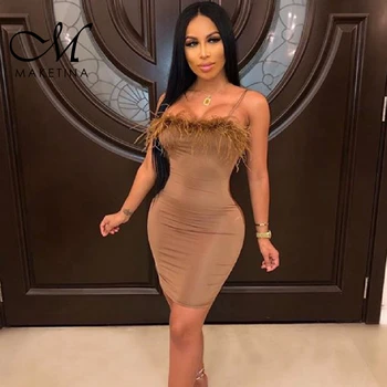 

Maketina New Arrival Summer Women Bodycon Bandage Dress Brown Strapy Sleeveless Bandage Dress Mini Tassels Bandage Club Dress